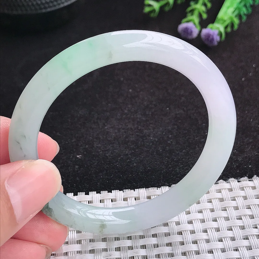 自然光52.5/8.5/8.2老坑冰润起胶飘花圆条手镯天然翡翠玉镯女款百搭