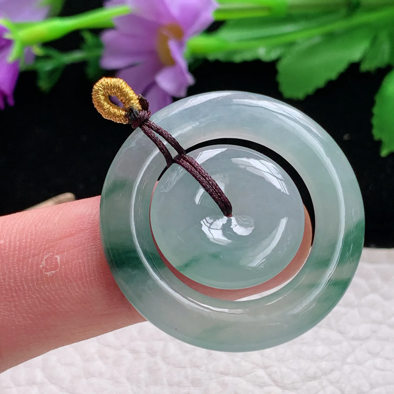 ajj实拍35*4缅甸翡翠冰透飘花平安扣吊坠卫母扣锁骨坠