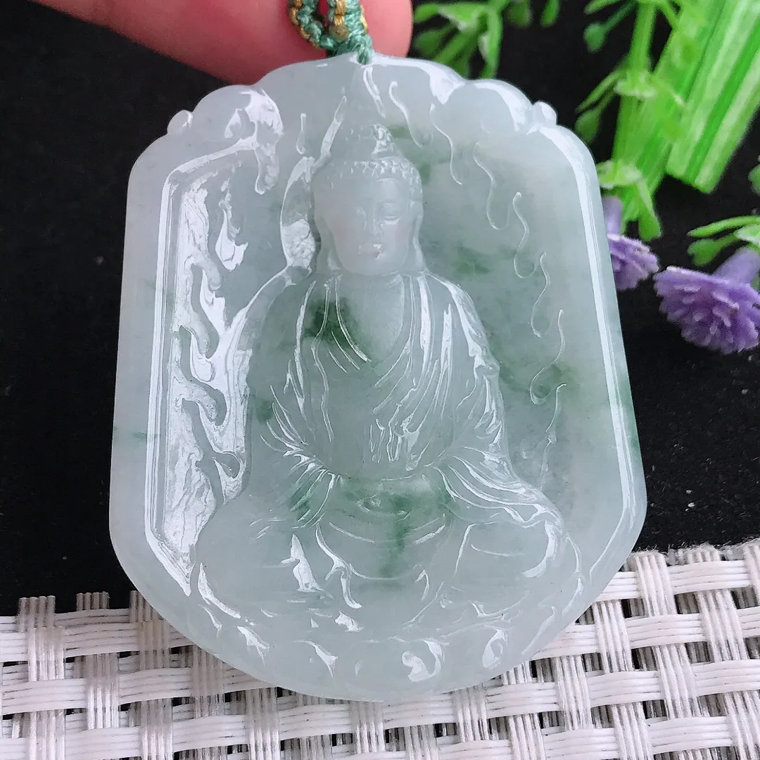 自然光49.8/42.6/5.6老坑精美冰润飘花大日如来佛祖吊坠翡翠玉坠