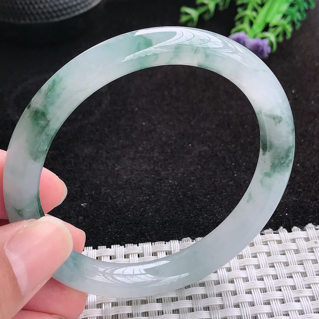 自然光59/10.2/8.6老坑冰胶果冻飘花圆条手镯天然翡翠玉镯女款百搭