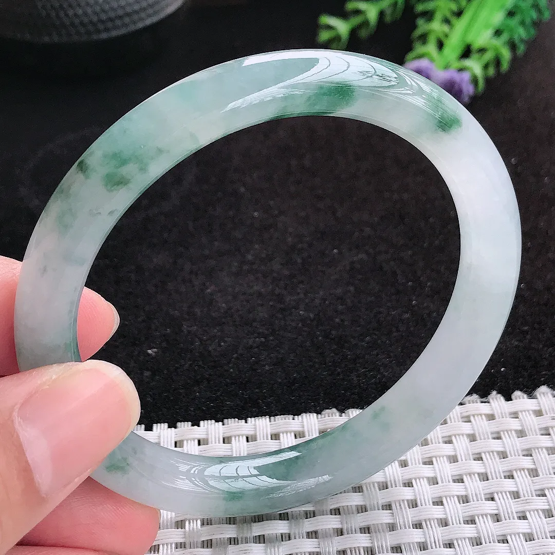 自然光59/10.2/8.6老坑冰胶果冻飘花圆条手镯天然翡翠玉镯女款百搭