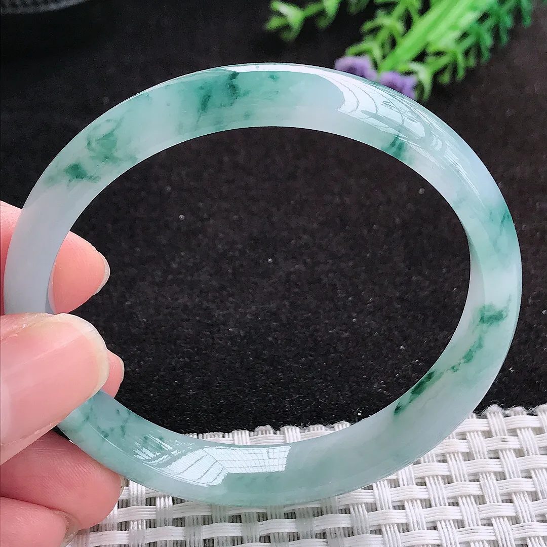 自然光57.5/10.5/6.5老坑冰胶水灵飘花手镯蓝花天然翡翠玉镯女款百搭