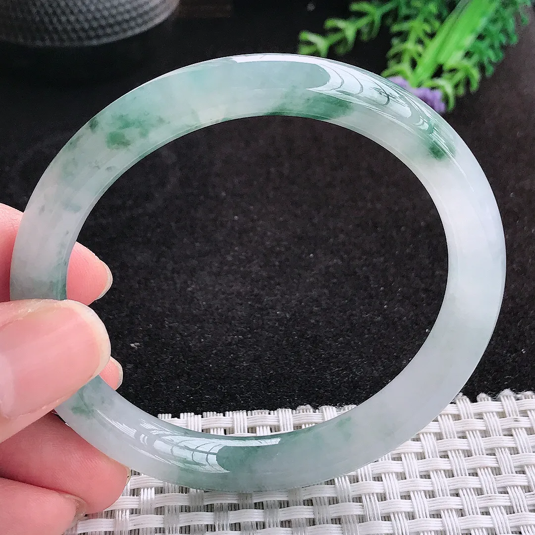 自然光59/10.2/8.6老坑冰胶果冻飘花圆条手镯天然翡翠玉镯女款百搭