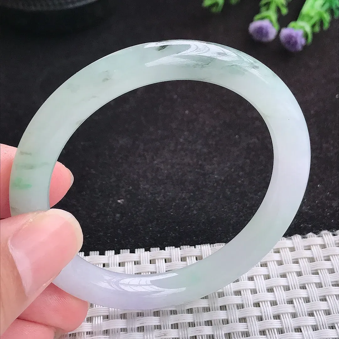 自然光52.5/8.5/8.2老坑冰润起胶飘花圆条手镯天然翡翠玉镯女款百搭