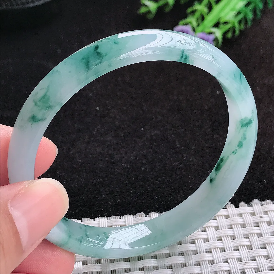 自然光57.5/10.5/6.5老坑冰胶水灵飘花手镯蓝花天然翡翠玉镯女款百搭
