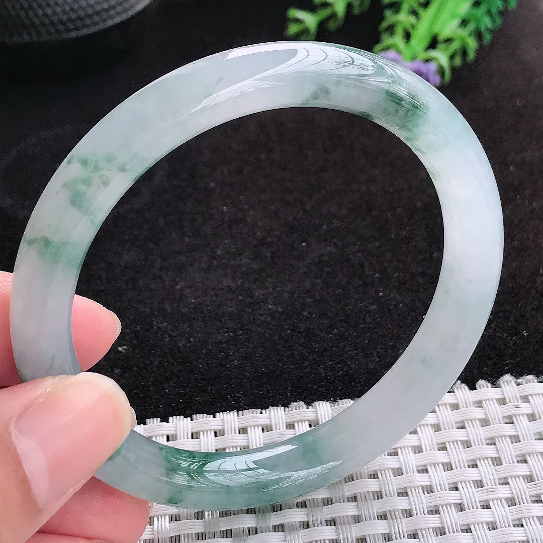 自然光59/10.2/8.6老坑冰胶果冻飘花圆条手镯天然翡翠玉镯女款百搭