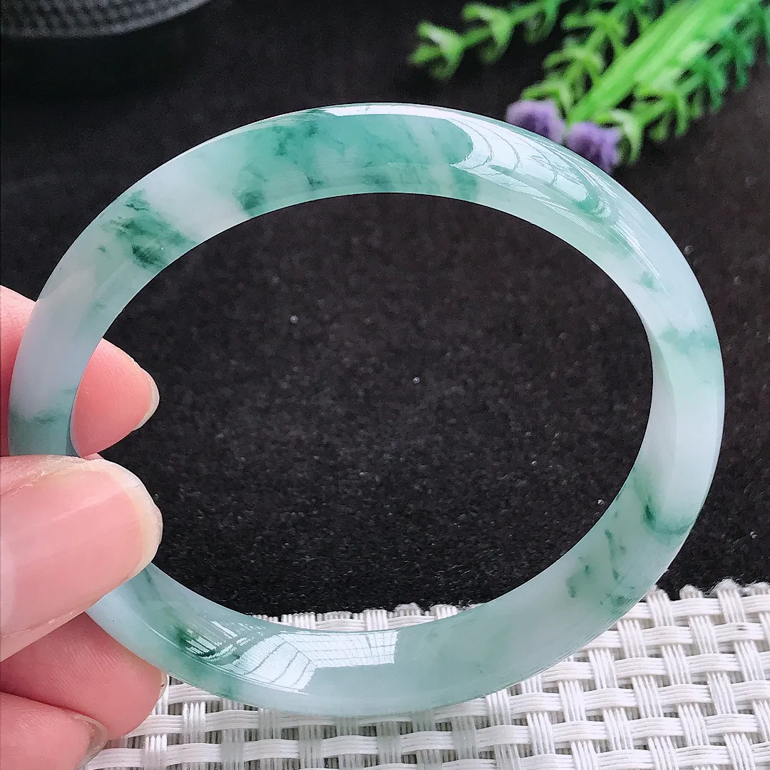 自然光57.5/10.5/6.5老坑冰胶水灵飘花手镯蓝花天然翡翠玉镯女款百搭