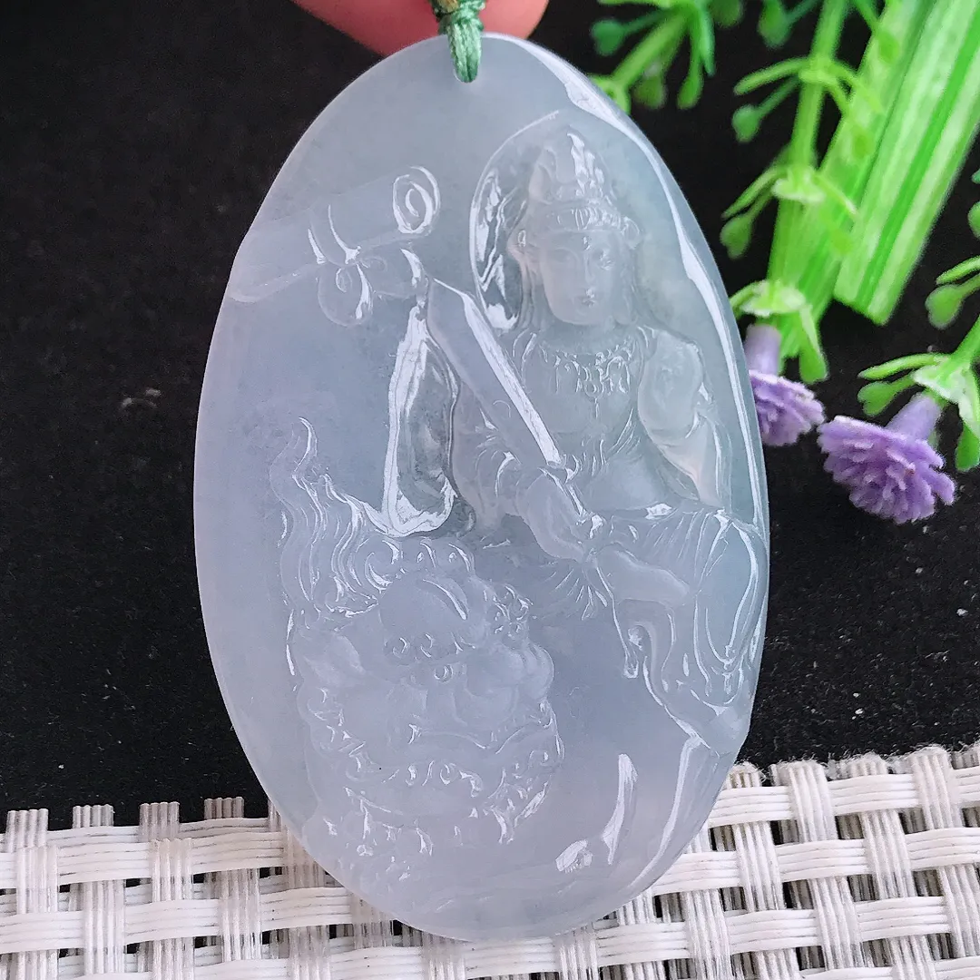 自然光56/36/4.5老坑冰胶果冻满色紫罗兰文殊菩萨吊坠翡翠玉坠