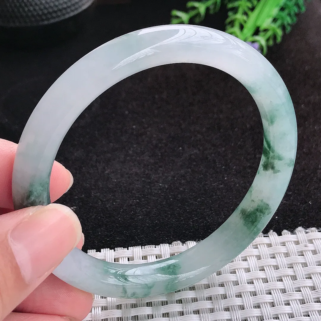 自然光59/10.2/8.6老坑冰胶果冻飘花圆条手镯天然翡翠玉镯女款百搭