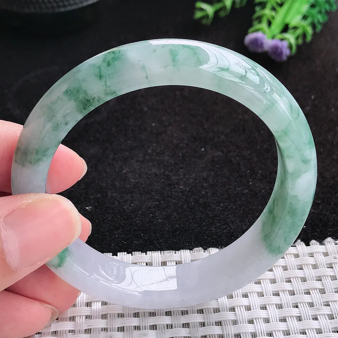 自然光55.5/12.2/8.3老坑冰润水灵飘花手镯天然翡翠玉镯女款百搭