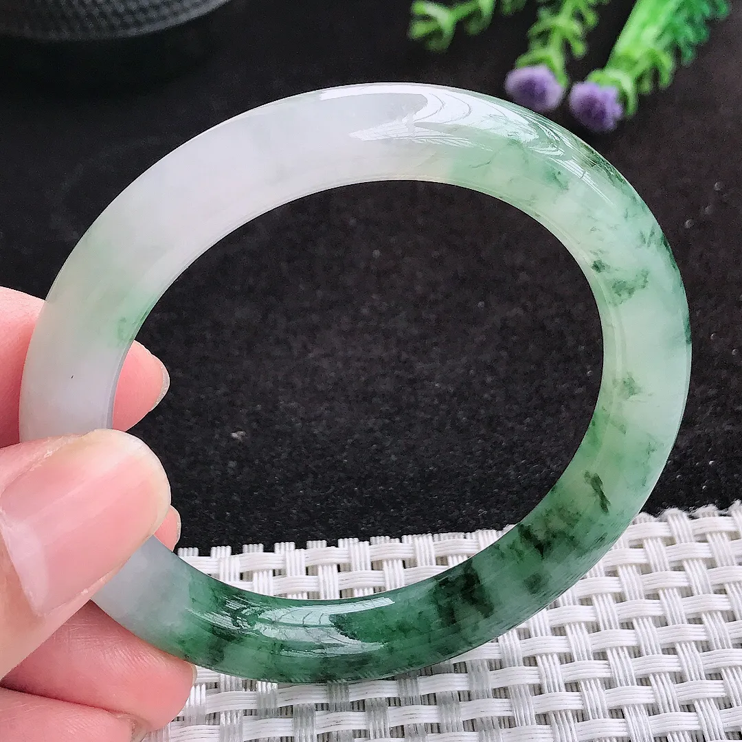 自然光53.5/9.3/9老坑精美冰润飘花圆条手镯天然翡翠玉镯女款百搭