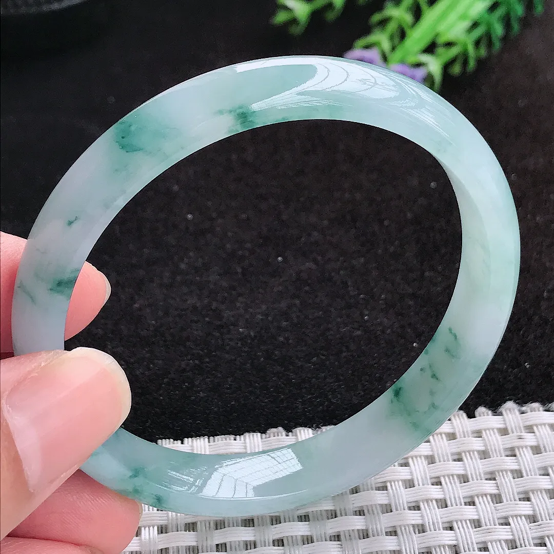 自然光57.5/10.5/6.5老坑冰胶水灵飘花手镯蓝花天然翡翠玉镯女款百搭