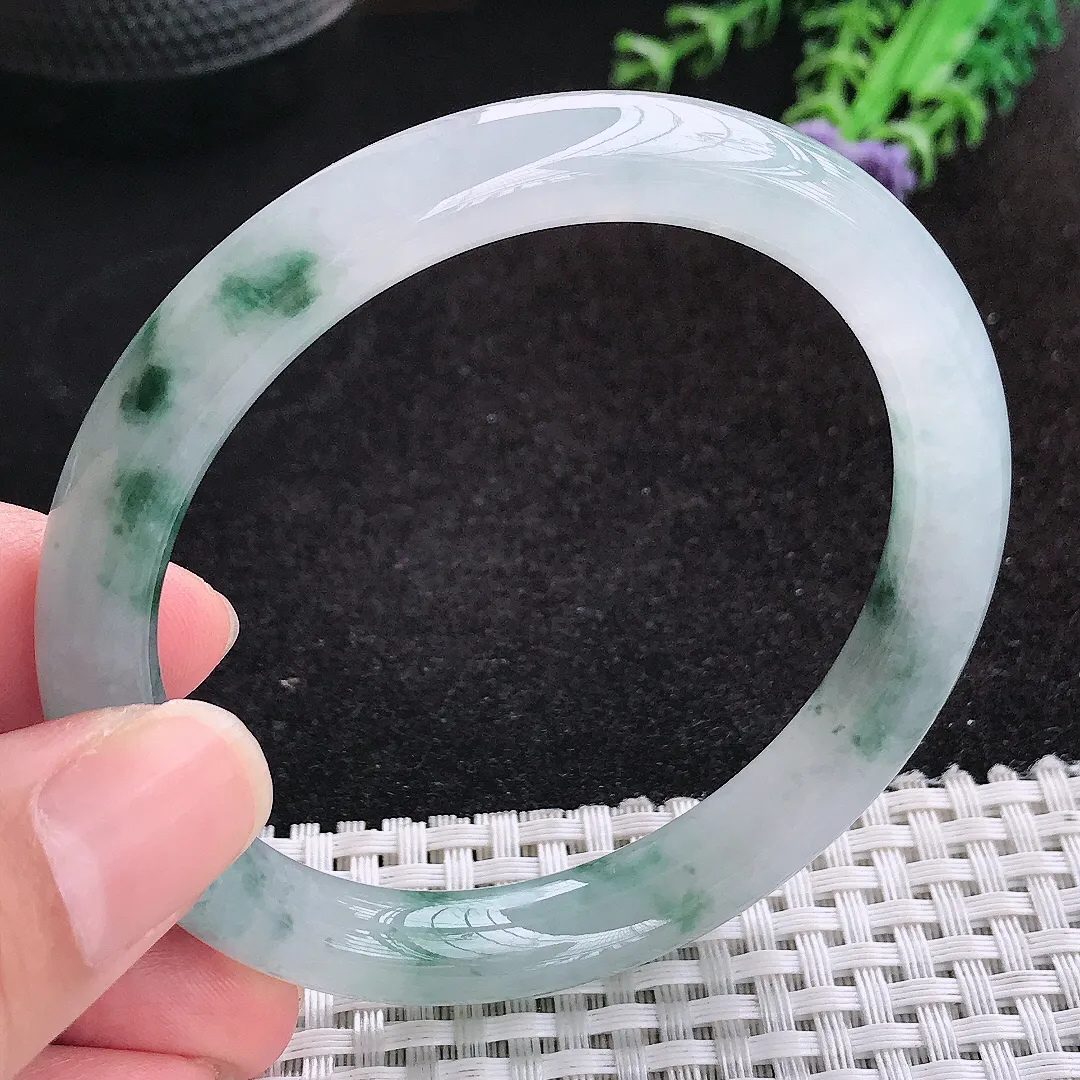 自然光59/10.2/8.6老坑冰胶果冻飘花圆条手镯天然翡翠玉镯女款百搭