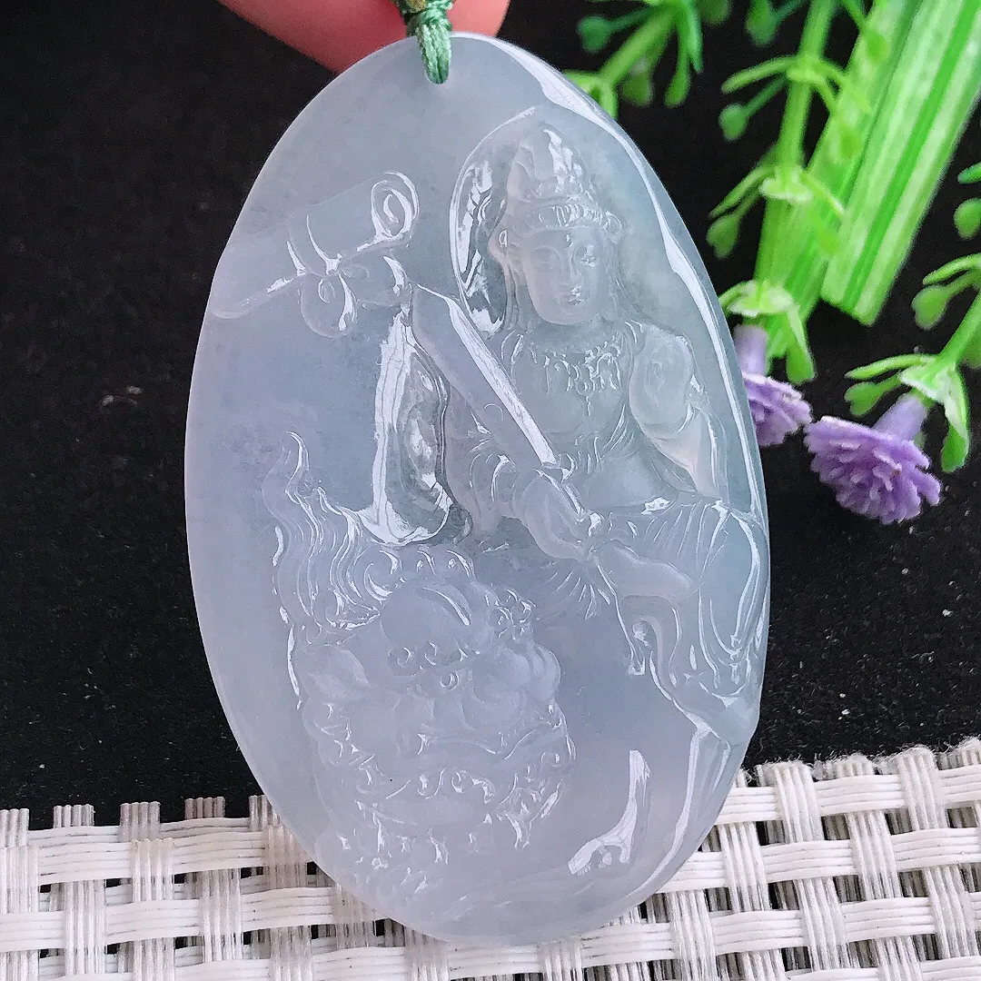 自然光56/36/4.5老坑冰胶果冻满色紫罗兰文殊菩萨吊坠翡翠玉坠