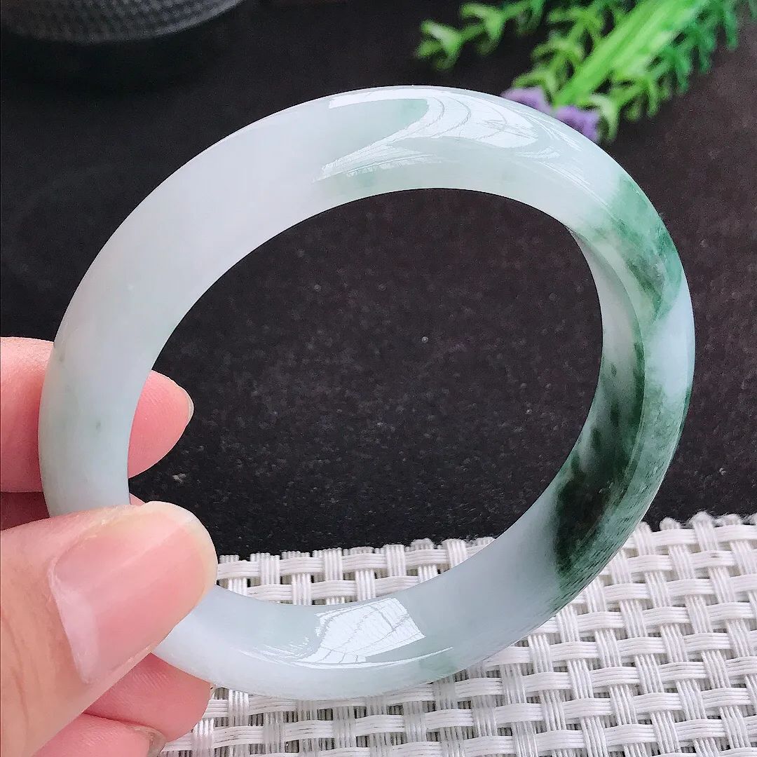 自然光57/12.7/8.5老坑精美冰润飘花手镯天然翡翠玉镯女款百搭