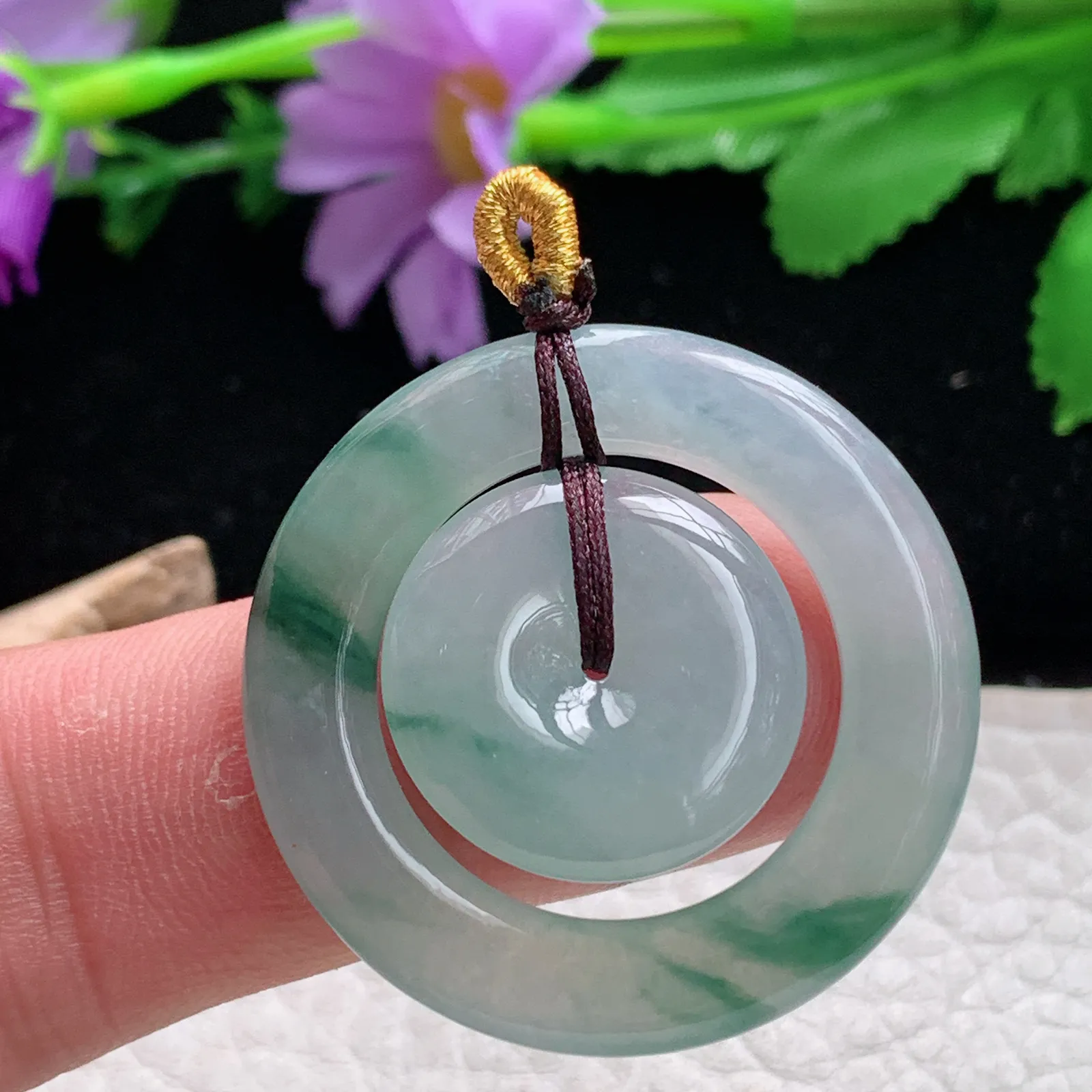 ajj实拍35*4缅甸翡翠冰透飘花平安扣吊坠卫母扣锁骨坠