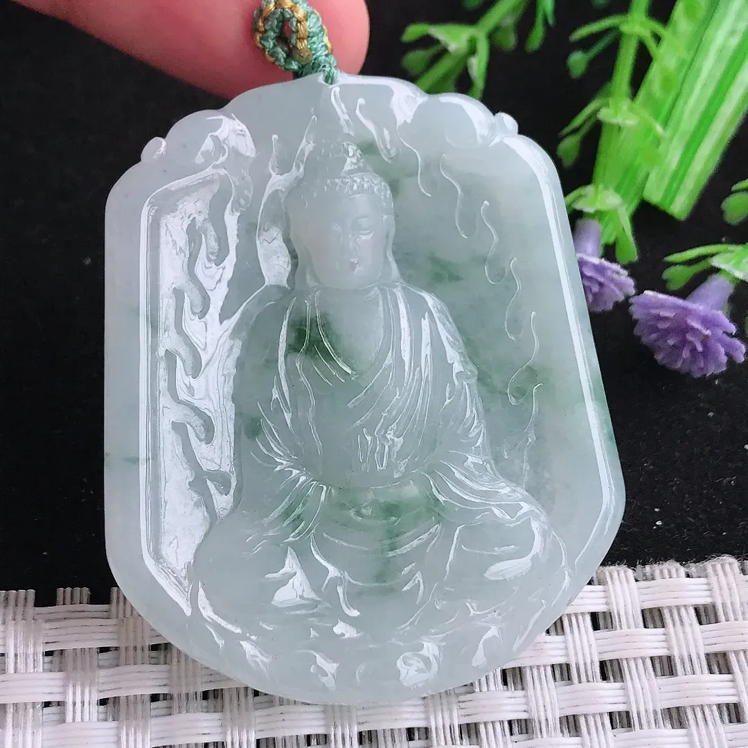 自然光49.8/42.6/5.6老坑精美冰润飘花大日如来佛祖吊坠翡翠玉坠