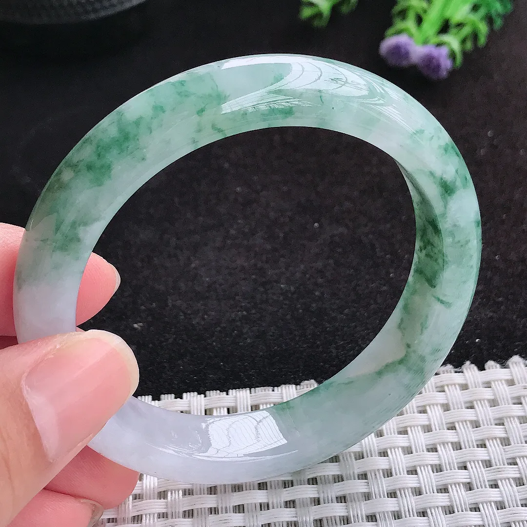 自然光55.5/12.2/8.3老坑冰润水灵飘花手镯天然翡翠玉镯女款百搭