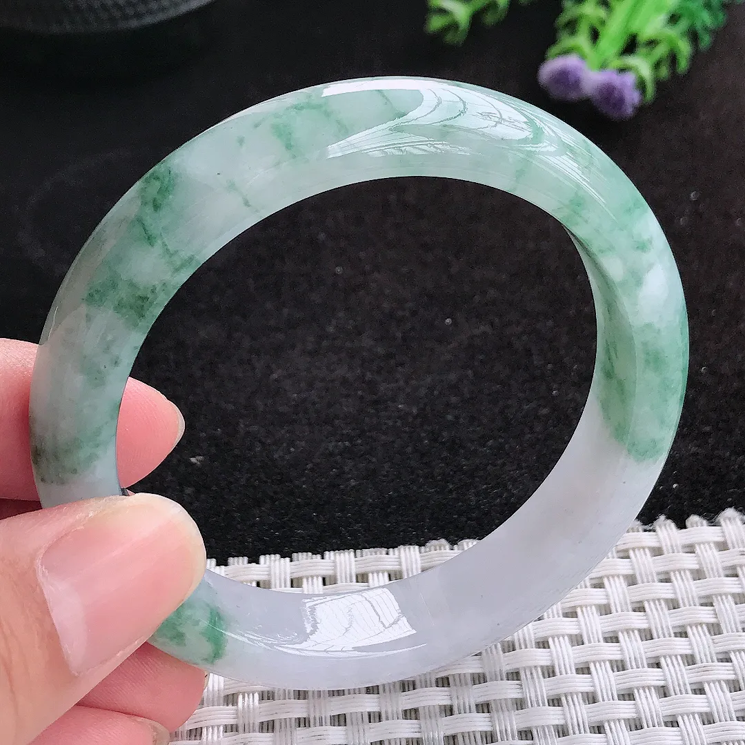 自然光55.5/12.2/8.3老坑冰润水灵飘花手镯天然翡翠玉镯女款百搭