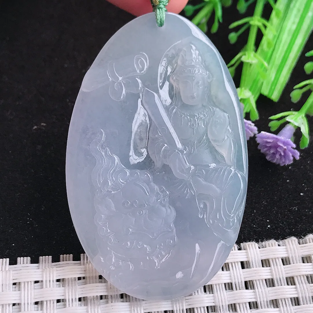 自然光56/36/4.5老坑冰胶果冻满色紫罗兰文殊菩萨吊坠翡翠玉坠