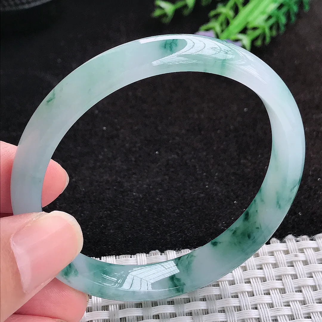 自然光57.5/10.5/6.5老坑冰胶水灵飘花手镯蓝花天然翡翠玉镯女款百搭