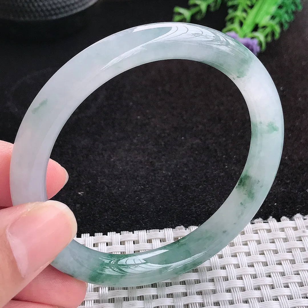 自然光59/10.2/8.6老坑冰胶果冻飘花圆条手镯天然翡翠玉镯女款百搭