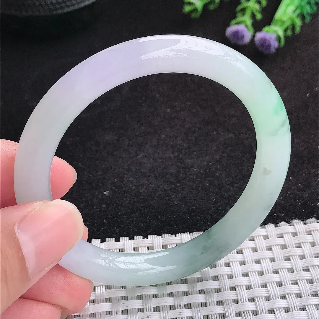 自然光52.5/8.5/8.2老坑冰润起胶飘花圆条手镯天然翡翠玉镯女款百搭