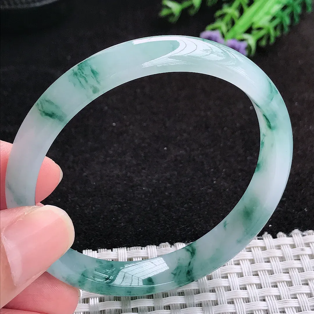 自然光57.5/10.5/6.5老坑冰胶水灵飘花手镯蓝花天然翡翠玉镯女款百搭