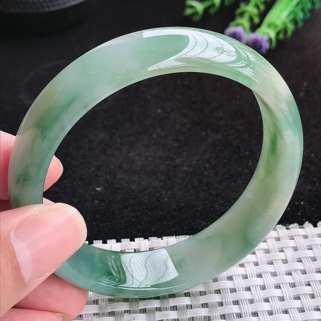 自然光59.5/15.8/7.3老坑冰胶果冻飘花轮胎手镯天然翡翠玉镯女款百搭