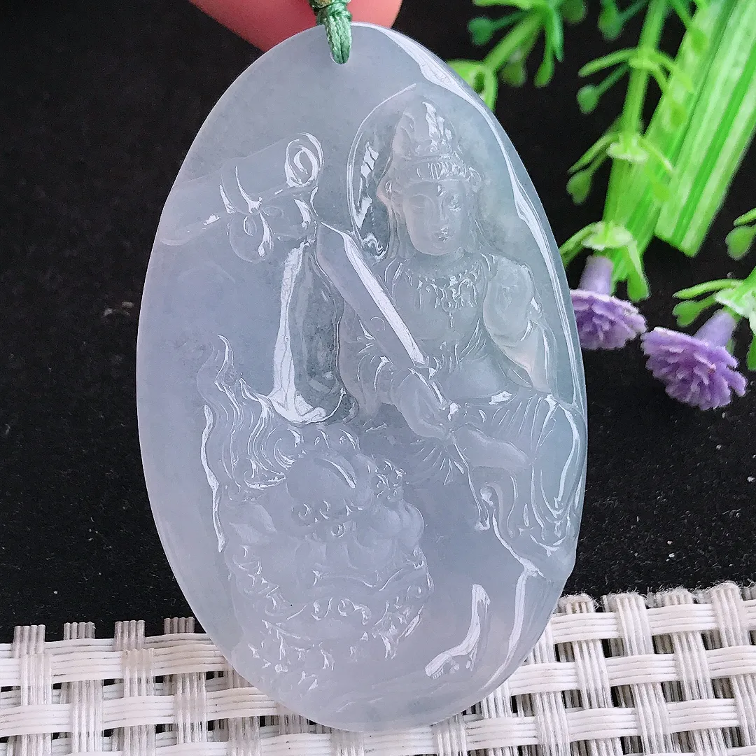 自然光56/36/4.5老坑冰胶果冻满色紫罗兰文殊菩萨吊坠翡翠玉坠