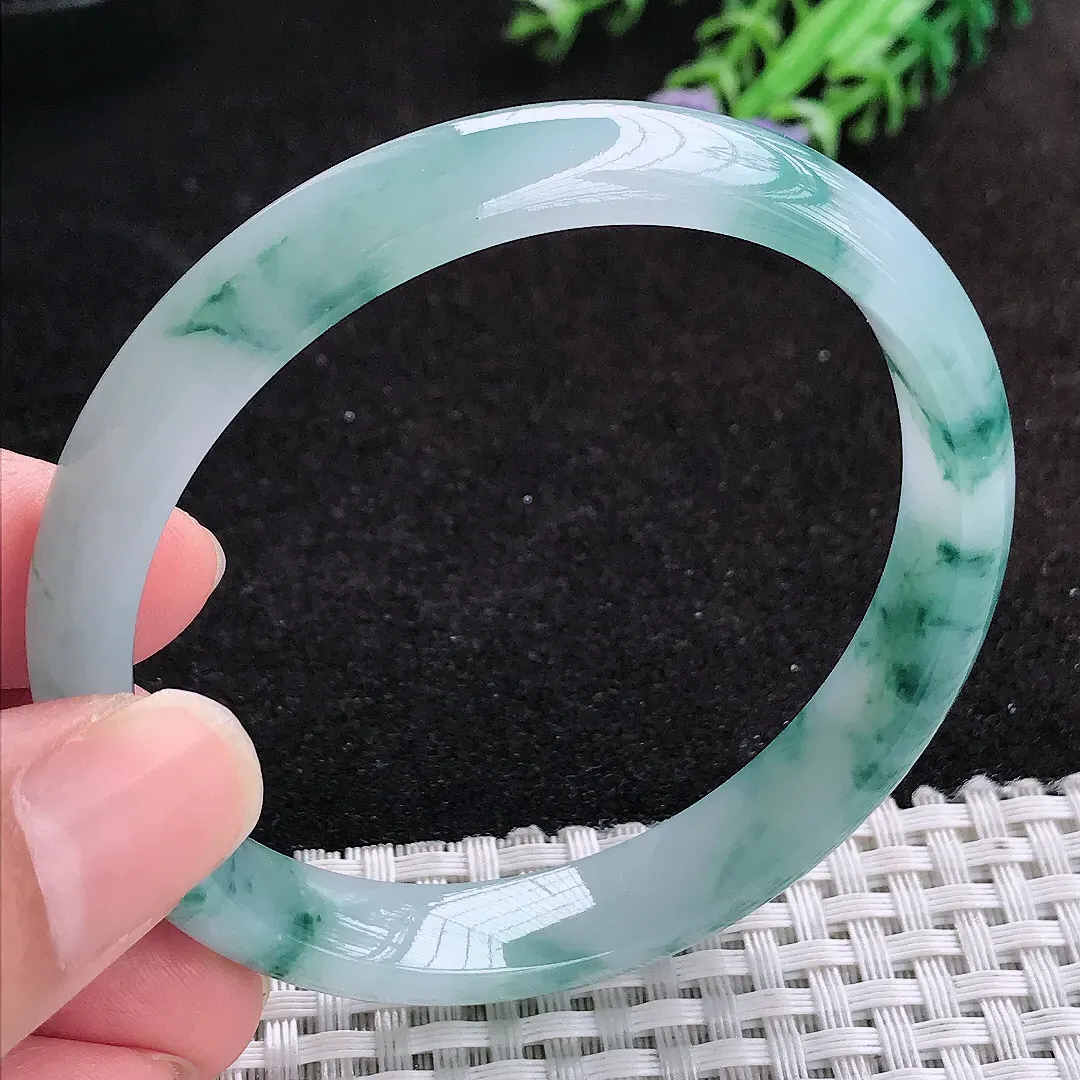自然光57.5/10.5/6.5老坑冰胶水灵飘花手镯蓝花天然翡翠玉镯女款百搭