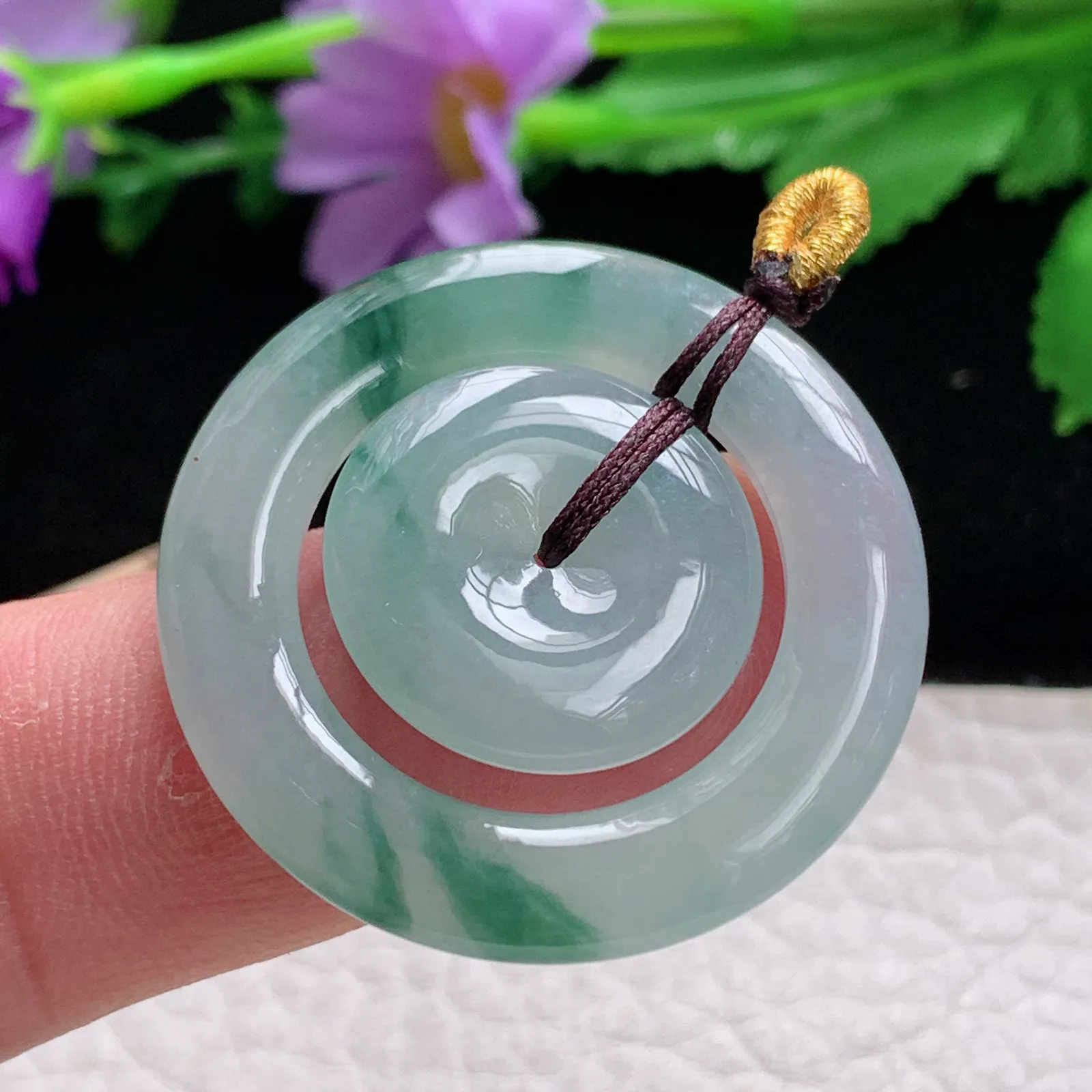 ajj实拍35*4缅甸翡翠冰透飘花平安扣吊坠卫母扣锁骨坠