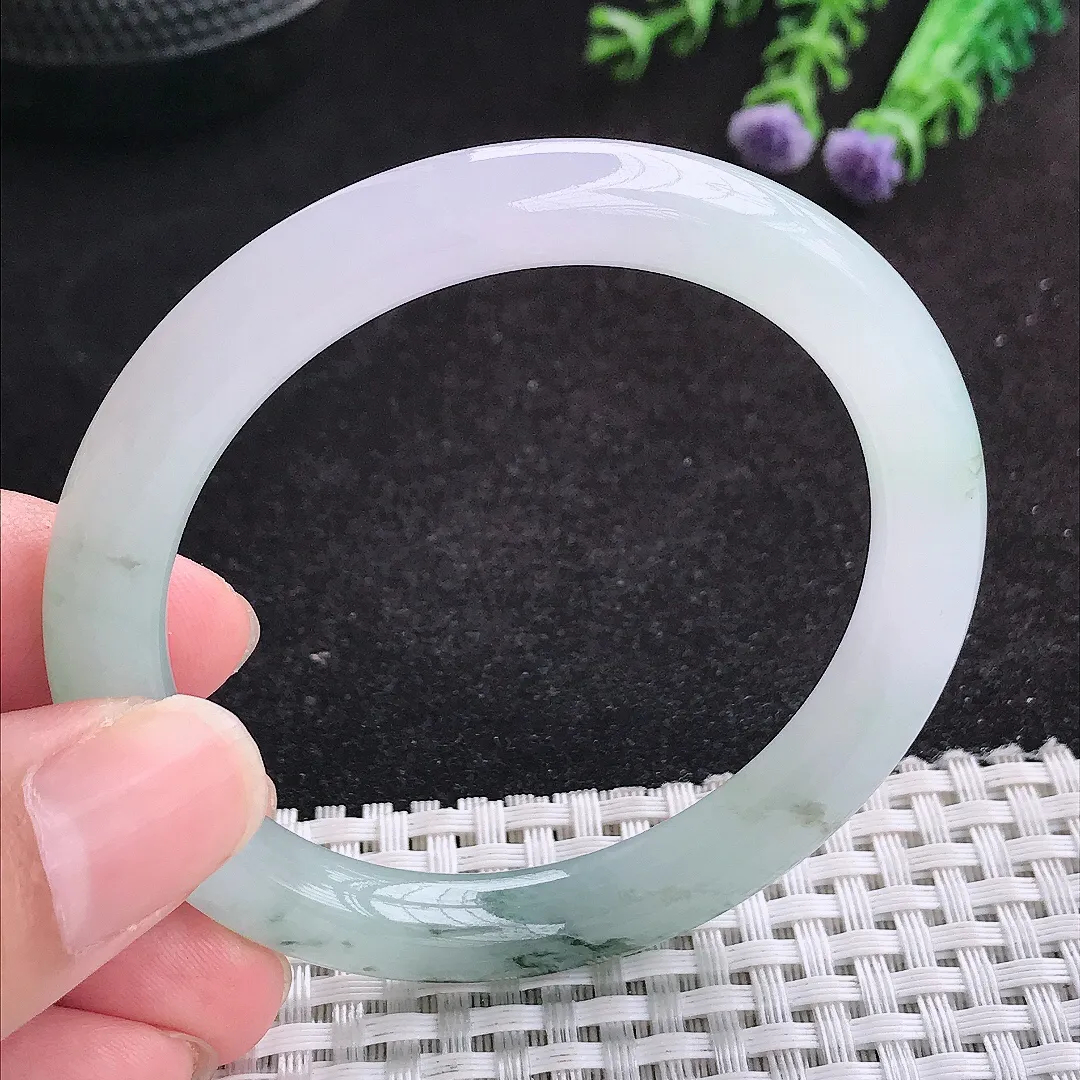 自然光52.5/8.5/8.2老坑冰润起胶飘花圆条手镯天然翡翠玉镯女款百搭