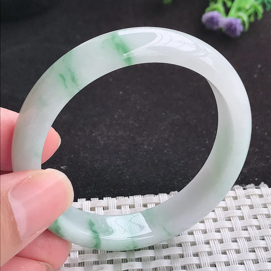 自然光53/12.1/6.9老坑精美温润飘花手镯天然翡翠玉镯女款百搭