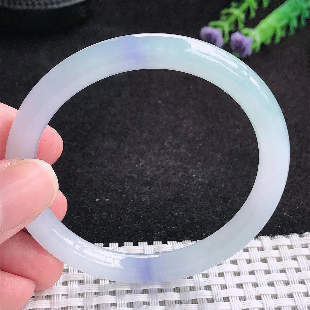 自然光53.5/7/7.3老坑冰胶果冻紫罗兰圆条手镯天然翡翠玉镯细条叮当镯