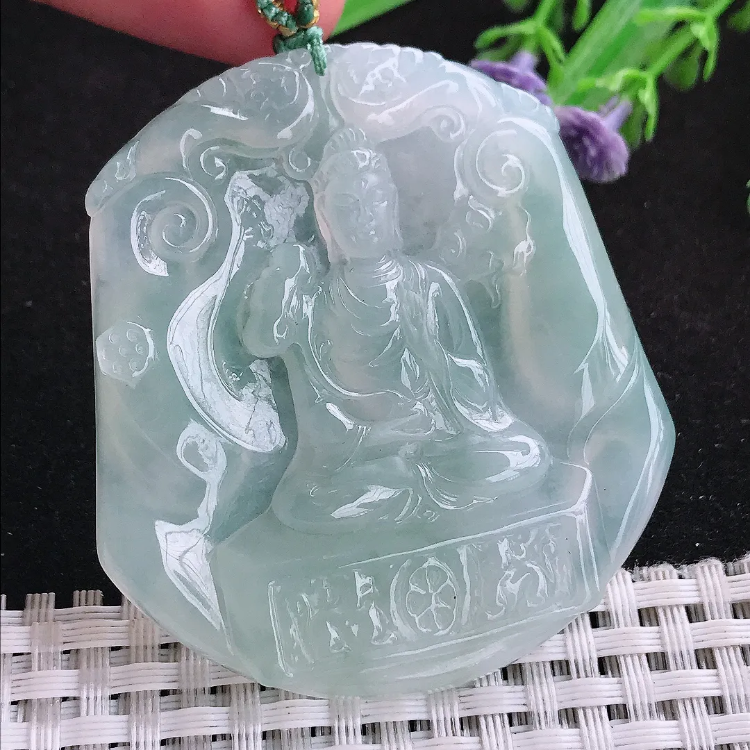 实拍55/50/6.3老坑冰胶果冻赐福观音大势至菩萨吊坠翡翠玉石挂件