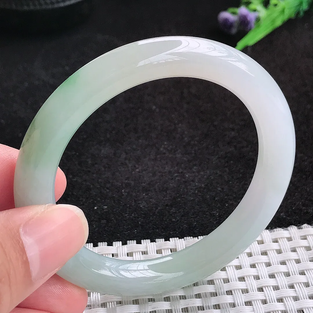 自然光52.5/9.1老坑冰胶水灵飘花圆条手镯天然翡翠玉镯女款百搭