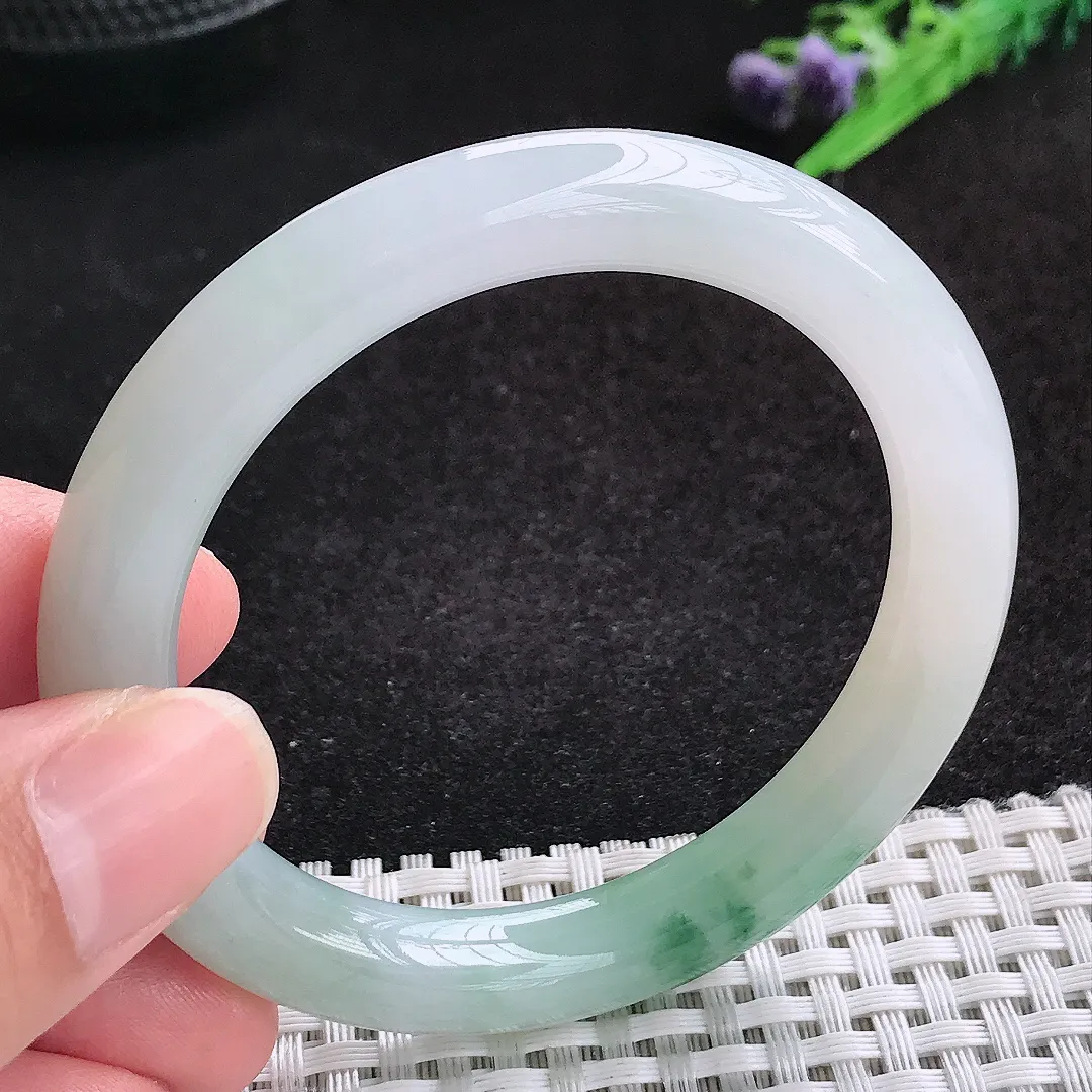 自然光52.5/9.1老坑冰胶水灵飘花圆条手镯天然翡翠玉镯女款百搭