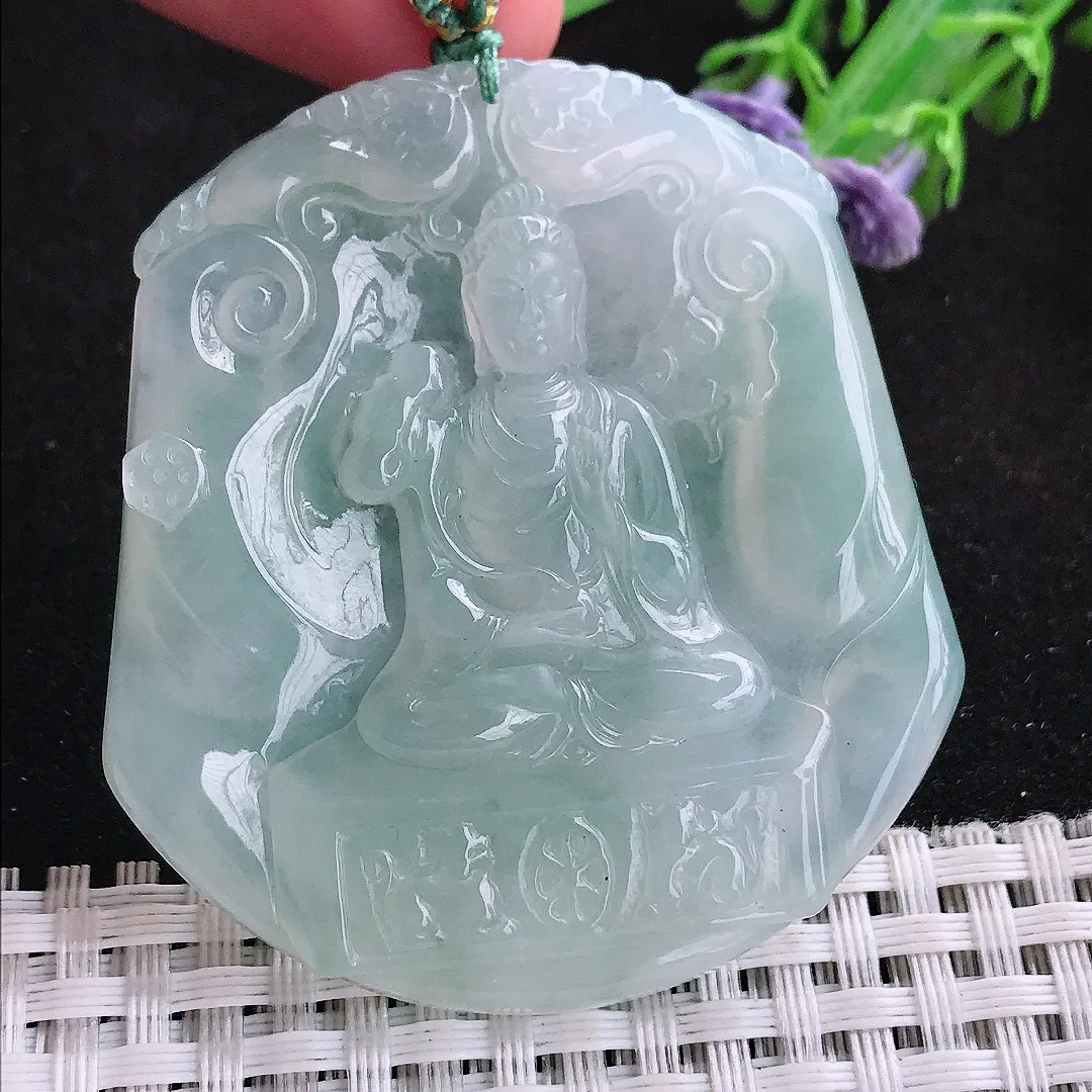实拍55/50/6.3老坑冰胶果冻赐福观音大势至菩萨吊坠翡翠玉石挂件