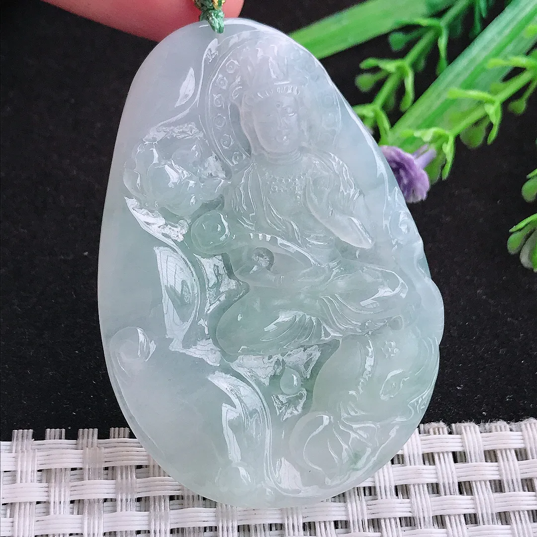 实拍60.8/43/5.9老坑冰透起胶普贤菩萨吊坠翡翠玉石挂件