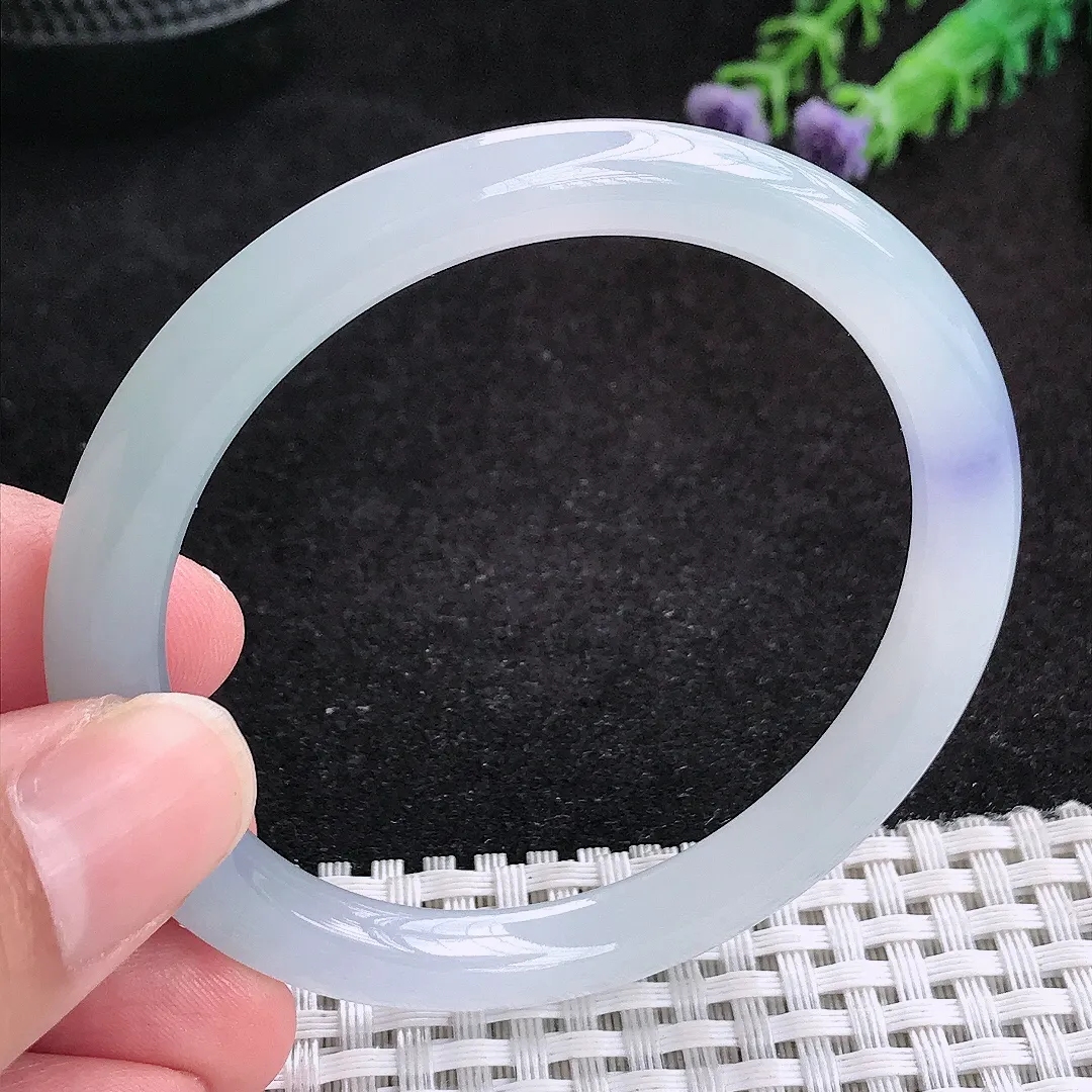 自然光53.5/7/7.3老坑冰胶果冻紫罗兰圆条手镯天然翡翠玉镯细条叮当镯