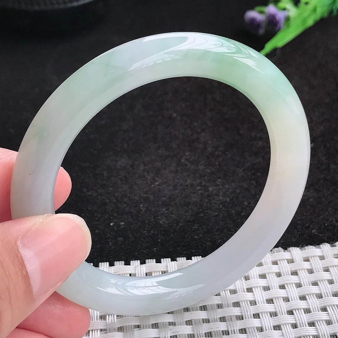 自然光52.5/9.1老坑冰胶水灵飘花圆条手镯天然翡翠玉镯女款百搭