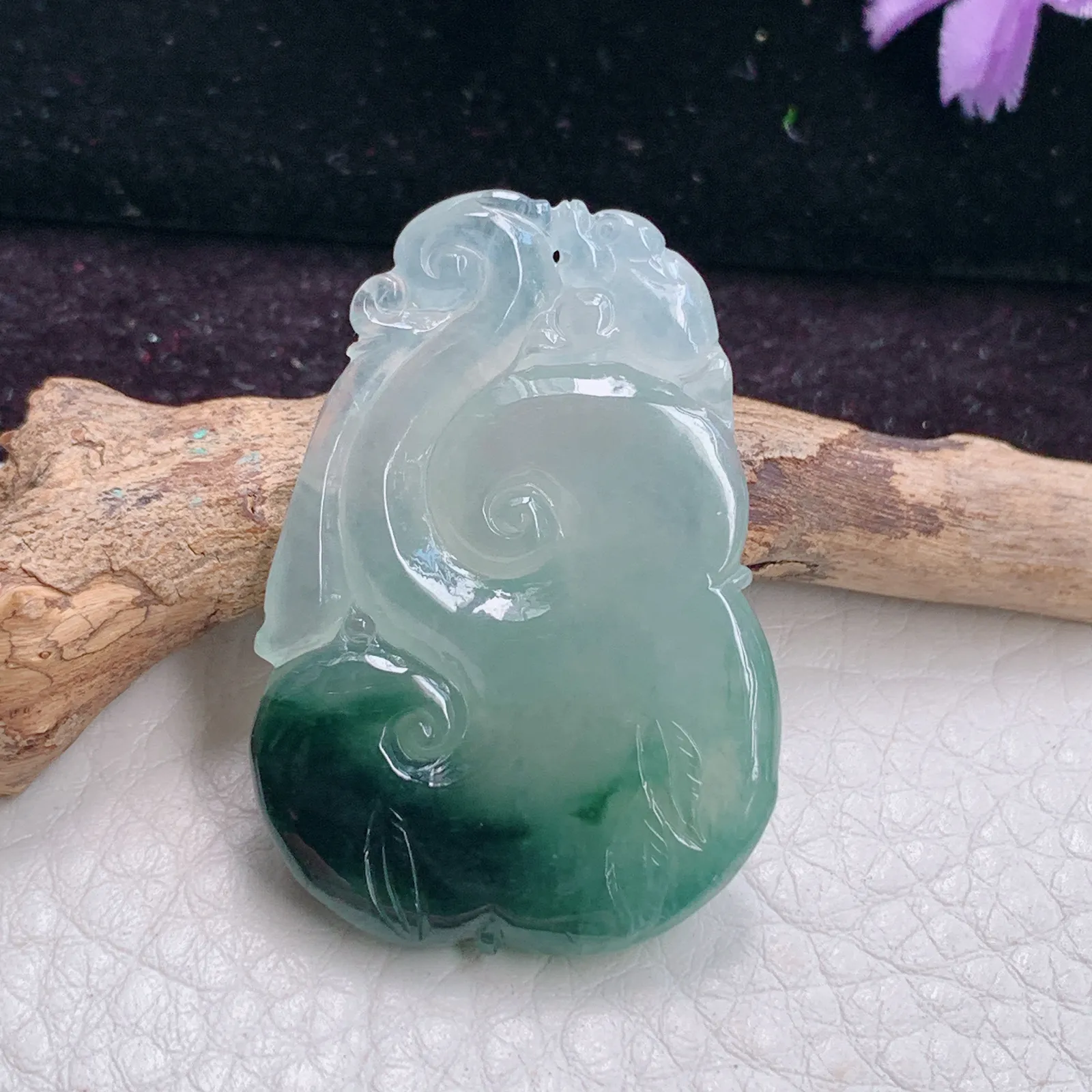 ajj实拍41*28.8*7天然缅甸翡翠飘花如意吊坠 灵芝吉祥玉坠