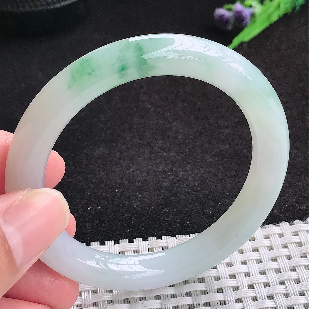 自然光52.5/9.1老坑冰胶水灵飘花圆条手镯天然翡翠玉镯女款百搭
