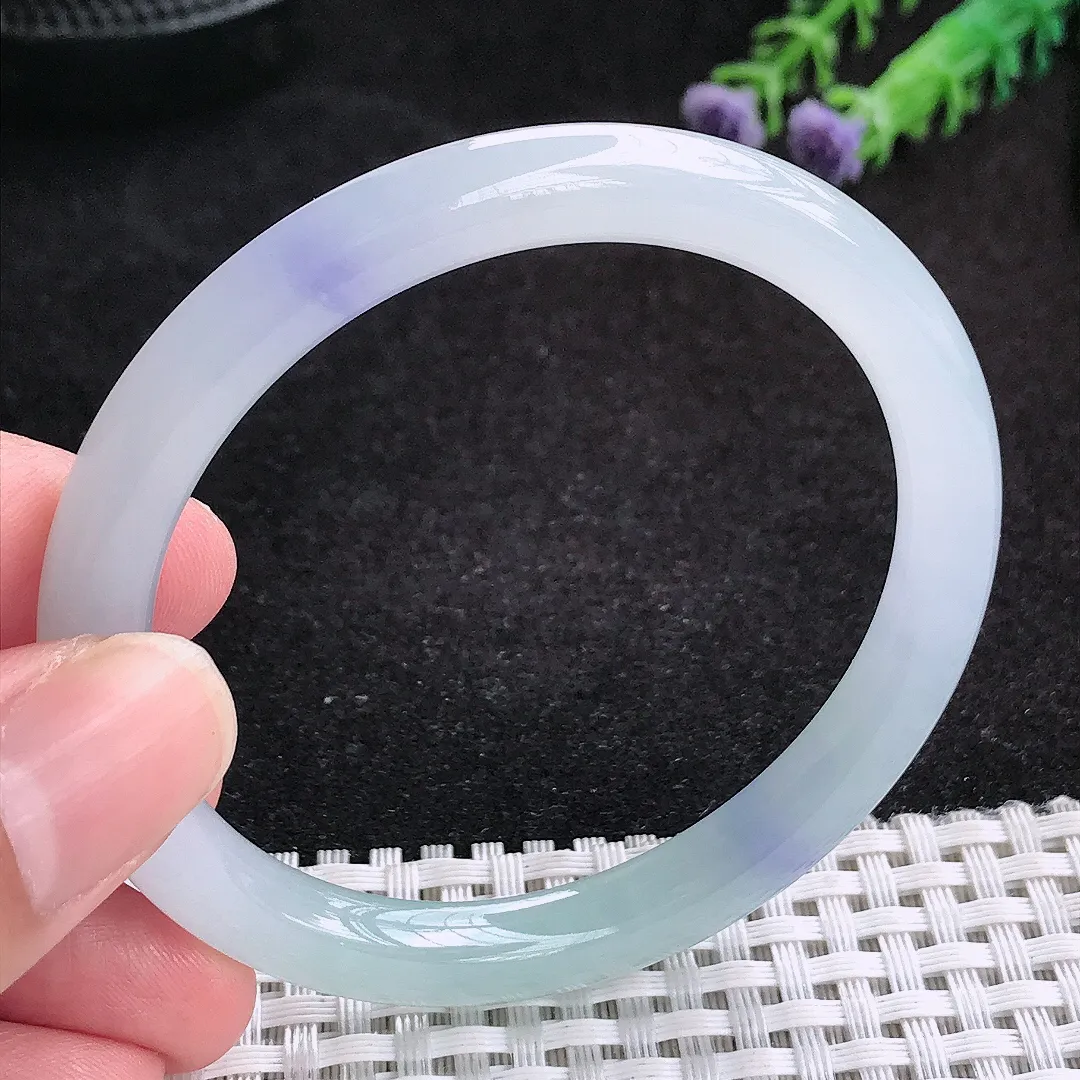 自然光53.5/7/7.3老坑冰胶果冻紫罗兰圆条手镯天然翡翠玉镯细条叮当镯