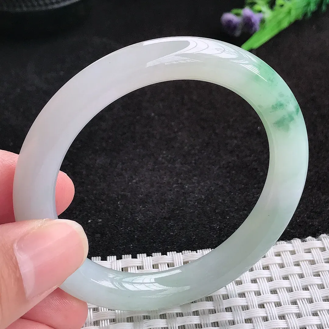 自然光52.5/9.1老坑冰胶水灵飘花圆条手镯天然翡翠玉镯女款百搭