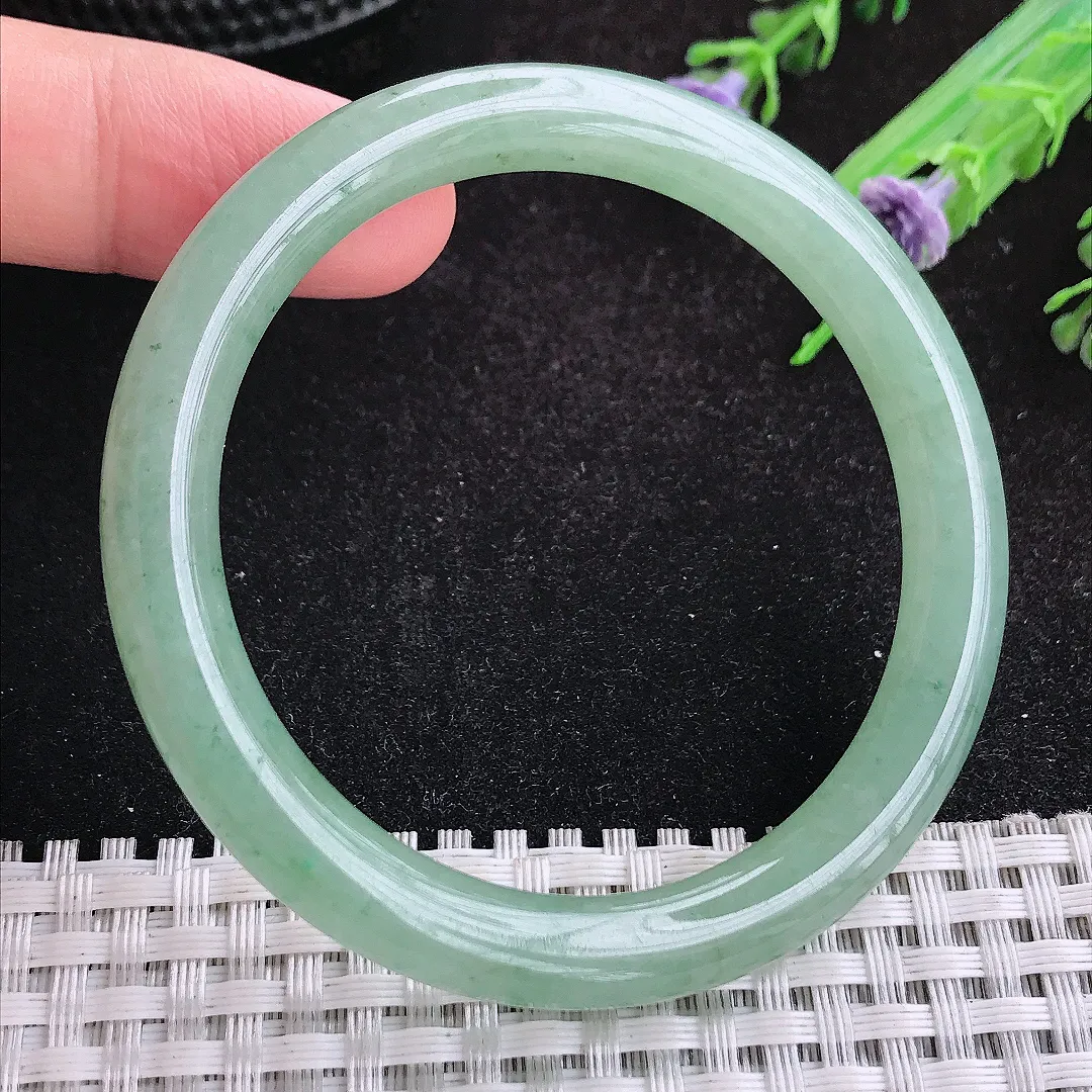 自然光52/8/7.8小圈口老坑冰润起胶冰晴绿圆条手镯天然翡翠玉镯女款