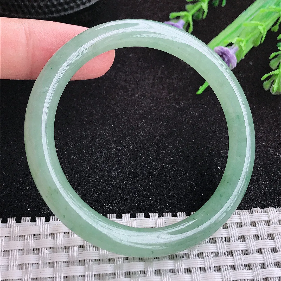 自然光52/8/7.8小圈口老坑冰润起胶冰晴绿圆条手镯天然翡翠玉镯女款
