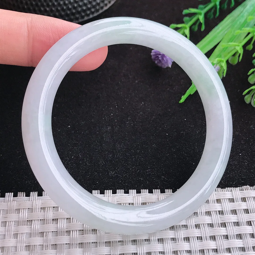 自然光52/8.6/8.7小圈口老坑秀气冰胶白净圆条手镯天然翡翠玉镯女款