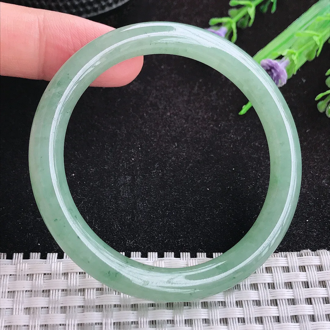 自然光52/8/7.8小圈口老坑冰润起胶冰晴绿圆条手镯天然翡翠玉镯女款